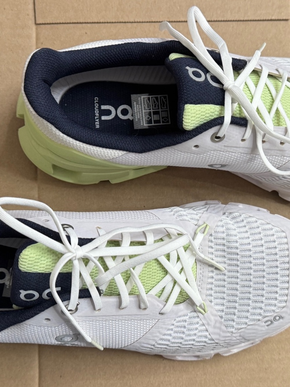 On Running White Navy Lt Green Cloudflyer Athletic Shoes W11 New w/o tags or box
